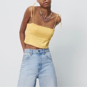 Zara polka dot tie shoulder yellow crop top size large